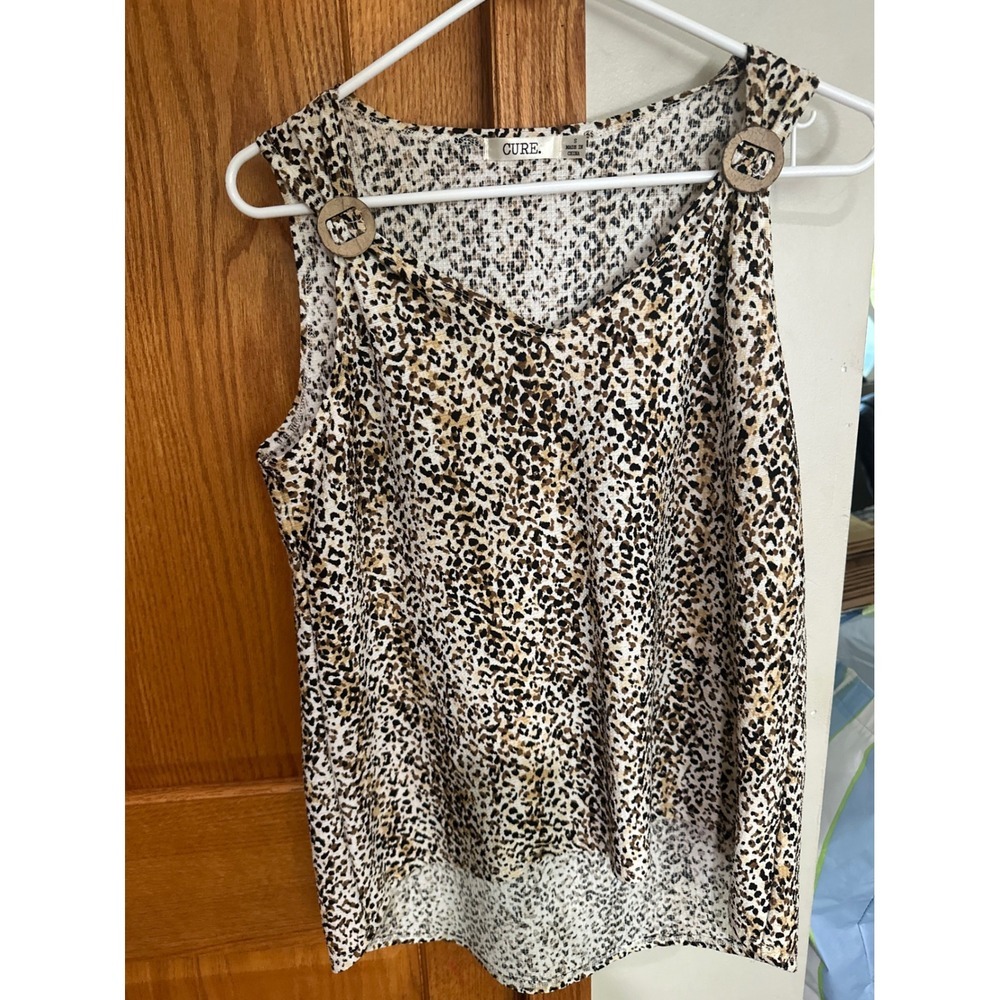 CURE Leopard Print Tank Top Womens Small Brown V-Neck Ring Shoulder Casual Beach